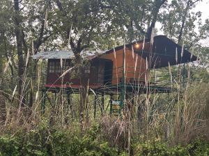 ein Zug auf den Gleisen auf einem Feld in der Unterkunft Treehouse at Kamp in Dhanwār