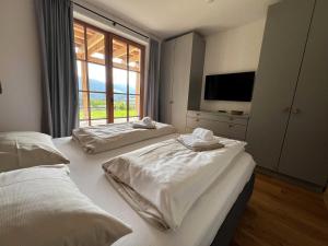 a hotel room with two beds and a television at Sonnberg Chalet - Entspannung pur im Luxus Chalet mit Whirlpool-Sauna in Lachtal