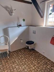 a bathroom with a toilet with a window and a chair at TheBackyard in Osterwieck