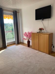 a living room with a flat screen tv on a wall at Ferienwohnung Dinh in Uhldingen-Mühlhofen