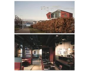 two pictures of a restaurant and a building at Apartment with Loft & Window Balcony, Free parking in Bergen