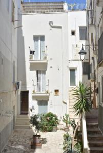 an alley with a white building with potted plants at Dimora Vima in Monopoli
