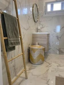a bathroom with a towel rack and a mirror at T3 avec jardin, proche plage & commodités in Fos-sur-Mer +18 photos