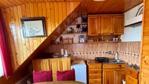 a small kitchen with wooden cabinets and a staircase at Vasilije Apartment in Žabljak