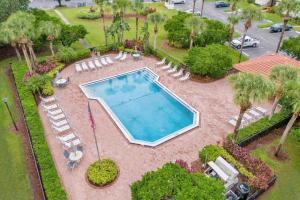 - une vue sur la piscine bordée de chaises et d'arbres dans l'établissement Luxury 4BR Home at Ventura Golf and Country Club, à Orlando