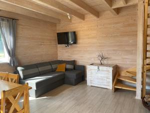 a living room with a couch and a flat screen tv at DoWielina - domki wśród natury in Wielin