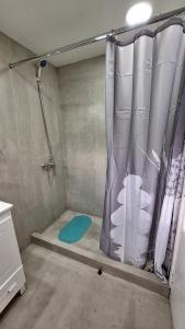 una ducha con cortina de ducha en un baño en Los Dones Departamentos DAT, en San Carlos de Bariloche 120 fotos más