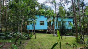 a blue house in the middle of a forest at Quartos em sítio exuberante in Barra Grande
