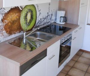 una cocina con fregadero y un kiwi en la encimera en Haus Reiser, en Alpirsbach