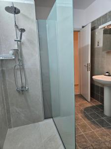 a shower with a glass door in a bathroom at Poppis Home in Ierápetra +15 photos