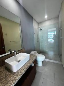 ヌエボ・バジャルタにあるDepartamento Frente al Mar Ariaの洗面台、トイレ、シャワー付きのバスルーム
