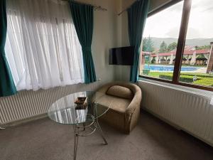 ein Wohnzimmer mit einem Stuhl und einem Glastisch in der Unterkunft Вила Флора Паталеница in Patalenitsa