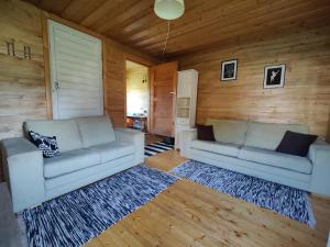 a living room with two couches and a rug at Rustic Country Retreat With Private Sauna in Leie