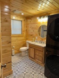 une salle de bain avec toilettes, lavabo et miroir dans l'établissement Luxury Forest Lake House - Privacy, Nature, Conveniences - New 2 bedroom, à Windsor 14 autres photos