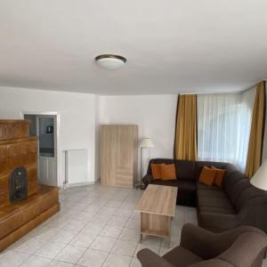 a living room with a couch and a table at Greenhouse Apartman in Zalakaros