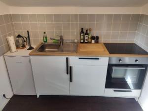 eine Küche mit Spüle und Arbeitsplatte in der Unterkunft Ferienwohnung #3 Harzblick mit Sauna in Oberwössen