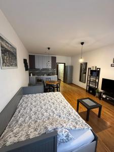 a living room with a bed and a kitchen at Studio Charlie Aviv Park in Mirijevo