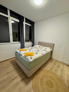 a bedroom with a bed in a room with windows at City Ferien Wohnungen 3 in Rosenheim +8 photos