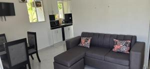 a living room with a couch and a kitchen at Villa el real los patos in Los Patos