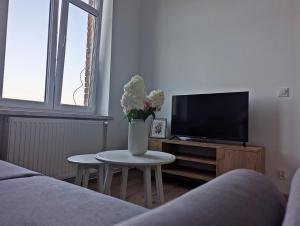 a living room with a vase of flowers on a table at Mieszkanko in Międzylesie