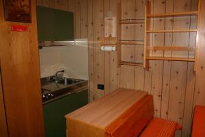 eine Küche mit Holzwänden, einem Waschbecken und einer Theke in der Unterkunft Appartamento Amba 39 in Mezzana