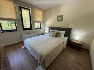 a bedroom with a large bed and two windows at Къща за гости Лъките in Divchovoto