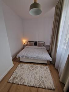 a bedroom with a bed and a rug at Apartament Marco 5 in Baia Mare +1 photo