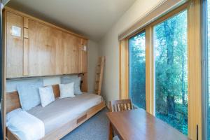 a bedroom with a bed and a table and a window at Charming Studio w Kitchenette, Hot Tub Near River condo in Telluride