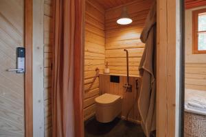 a bathroom with a toilet in a wooden cabin at Forest Cabin Ainola with Lake View next to Nuuksio National Park in Otalampi +21 photos