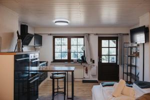 a kitchen and living room with a table and chairs at Apartment am Annaweiher in Hinterweidenthal