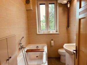 a bathroom with a tub and a toilet and a window at LA MARIEFACTURE - Comme chez le Baron in Saint-Avold