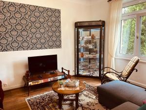 a living room with a couch and a tv at LA MARIEFACTURE - Comme chez le Baron in Saint-Avold