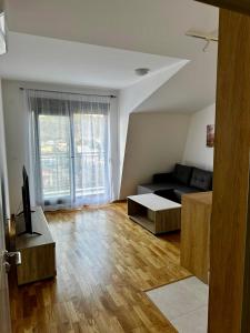 a living room with a couch and a television at Modern Luxury Apartment with Private Garage in Stara Varoš