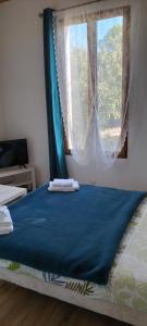 1 cama con manta azul y ventana en Sara, en Nimes