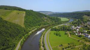 a boat traveling down a river in a valley at Ferienwohnung Hilla in Taben-Rodt