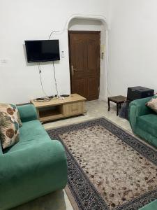 a living room with a green couch and a television at One Bed Room Apartment in Ash Shumaysānī +3 photos