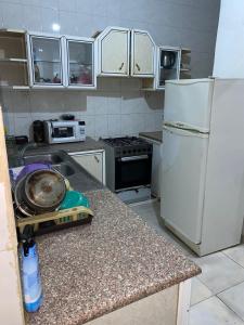 a small kitchen with a sink and a refrigerator at One Bed Room Apartment in Ash Shumaysānī