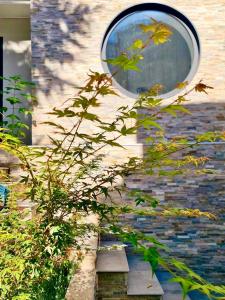 ein rundes Fenster an der Seite eines Gebäudes in der Unterkunft Maison de Verdure proche de Paris in Bagneux