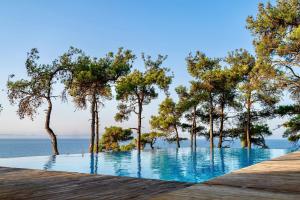 una piscina con alberi e l'oceano sullo sfondo di Marisstone Hotels a Mecidiye