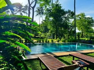 una piscina in un parco con panchine e alberi di The Cottage Sigiriya a Sigiriya