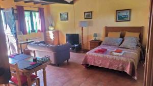 ein Schlafzimmer mit einem Bett, einem Stuhl und einem Schreibtisch in der Unterkunft La Casa de la Vieja in Nava