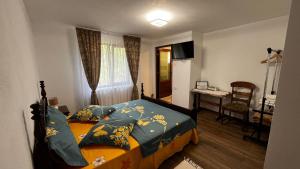 a bedroom with a bed and a desk and a window at Casa Stefi si Alexia in Polovragi