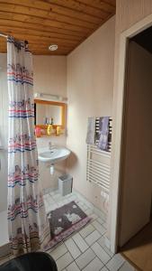 a bathroom with a shower curtain and a sink at MAISON T2 WIFI Parking Privé Les Sables d'Olonne 9mn à Pied Plage Présidents in La Rudelière