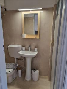 a bathroom with a sink and a mirror and a toilet at Sea view Lefkes in Kithnos
