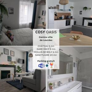 a collage of two pictures of a living room at Cosy Oasis - T3 - Grande terrasse collective in Lourdes