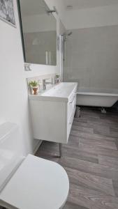 a bathroom with a sink and a tub and a toilet at Cosy Oasis - T3 - Grande terrasse collective in Lourdes +11 photos