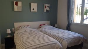 due letti uno accanto all'altro in una camera da letto di Coquette maison canetoise a Canet-en-Roussillon