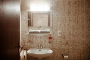 a bathroom with a sink and a mirror at Pension Mühlbacherhof in Mühlbach am Hochkönig