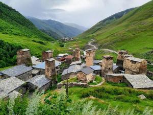 un vecchio villaggio su una collina in un campo di Ushguli Highland Cottage a Ushguli