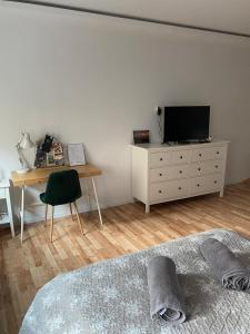 Televízia a/alebo spoločenská miestnosť v ubytovaní Apartament Pogodny